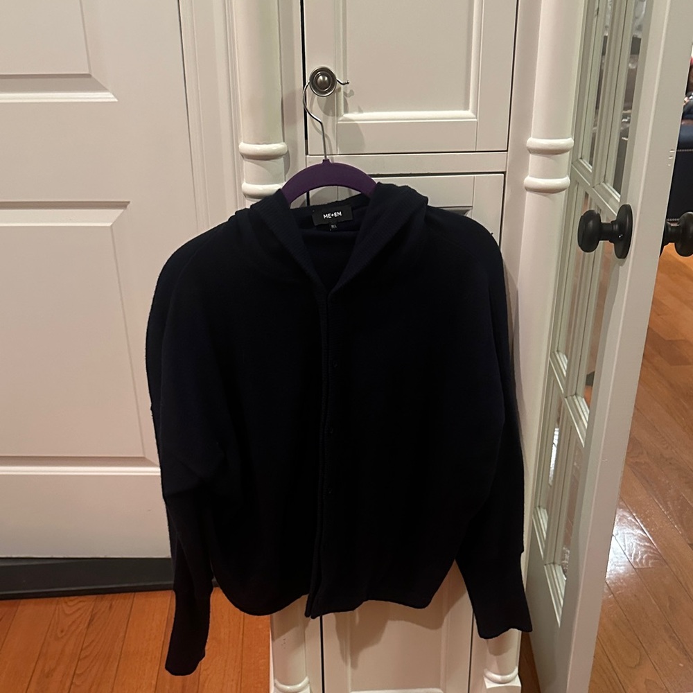 ME+EM Women's Navy Hooded 100% Cashmere Cardigan